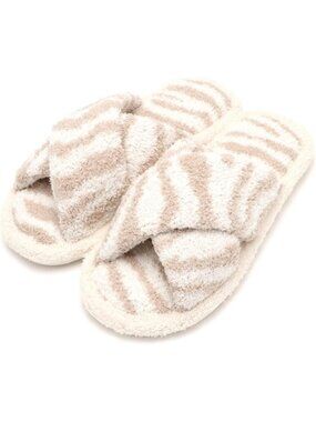 Women's Beige Animal Print Comfort Fluffy Cross Band Open Toe Slipper Shoes